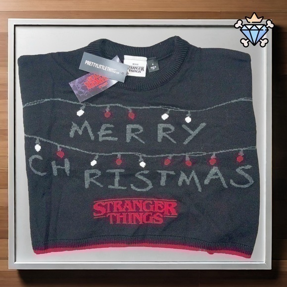 PRETTY LITTLE THING X STRANGER THINGS CHRISTMAS CROPPED KNIT SWEATER MEDIUM - Picture 1 of 8